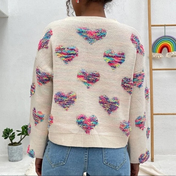 Sweater heart rainbow knit womens fuzzy cute - Picture 2 of 13